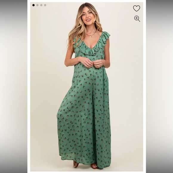 Pinkblush Pants - Green Floral Ruffle Accent Wide Leg Maternity Jumpsuit brand new